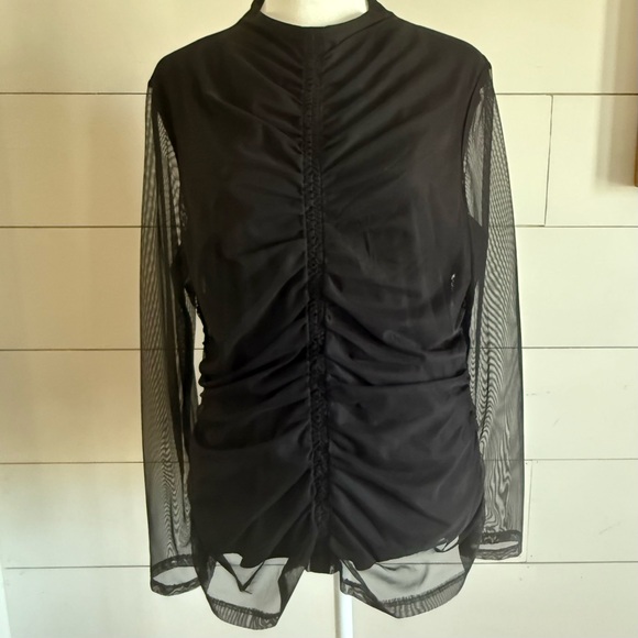 DKNYC Tops - DKNY Women's Black Mock-Neck Long-Sleeve Ruched Mesh Top Size L